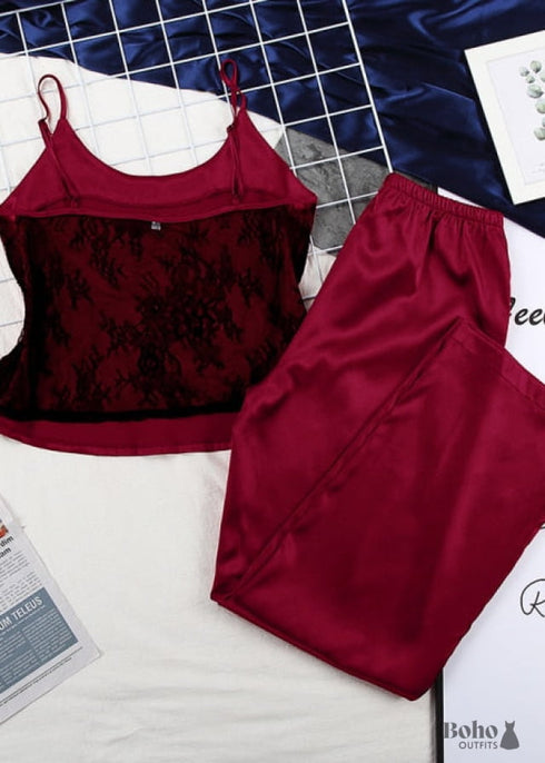 Boho Sleepwear, Pajamas Set, PJ Satin Black Lace, Blanche(12 Colors)
